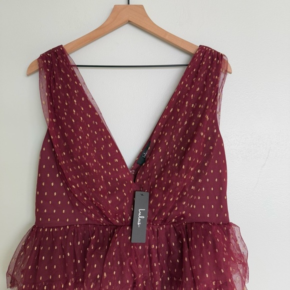 Lulu’s Forever Sparkling Burgundy Dotted Mesh Tiered Mini Dress - Picture 7 of 10